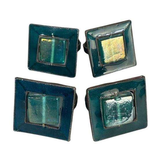 Pier 1 Set of 4 Turquoise Blue Dichroic Glass Copper Napkin Rings - Picture 1 of 3